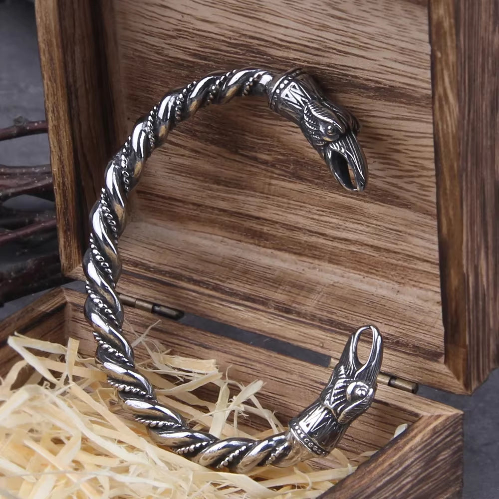 Stainless Steel Nordic Viking Norse Raven Bracelet Men Wristband Cuff Bracelets with Viking Wooden Box