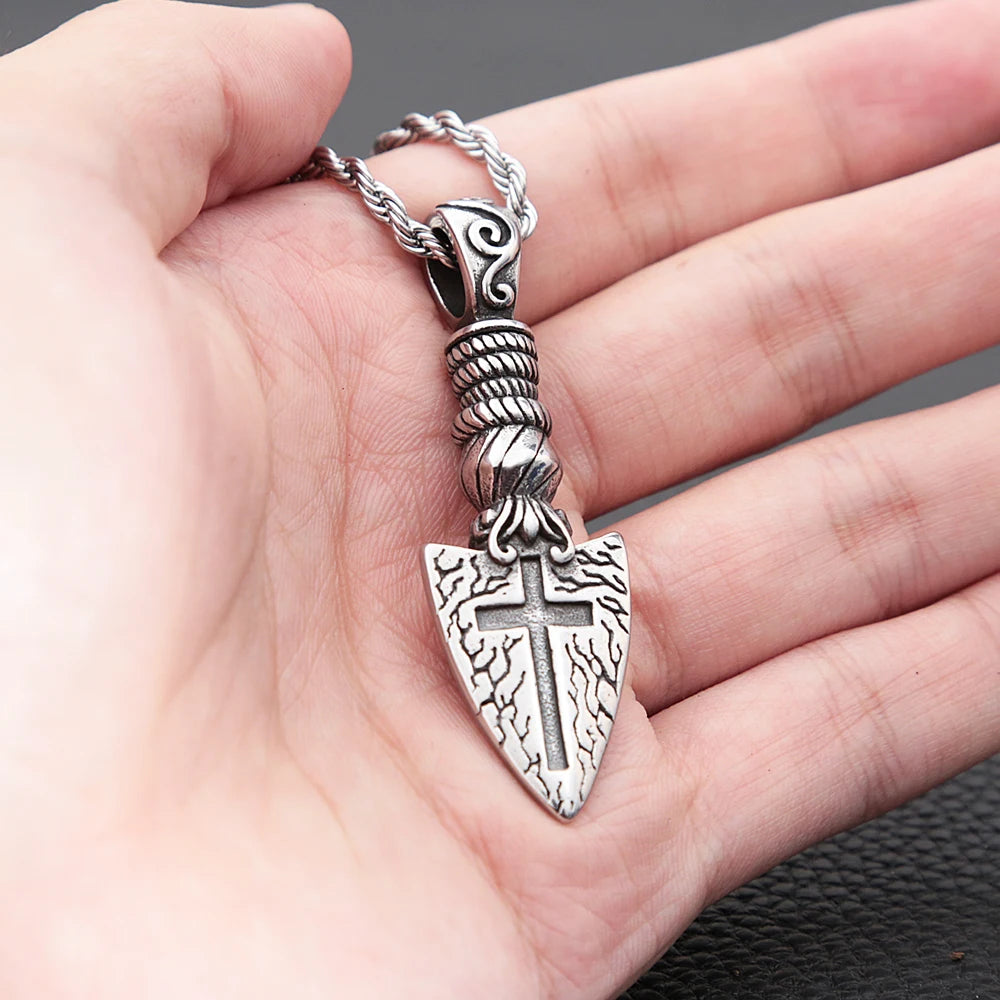 Fashion Viking Spear Pendant Necklace Men Vintage Punk Stainless Steel Cross Arrow Pendant for Male Viking Jewelry Accessories
