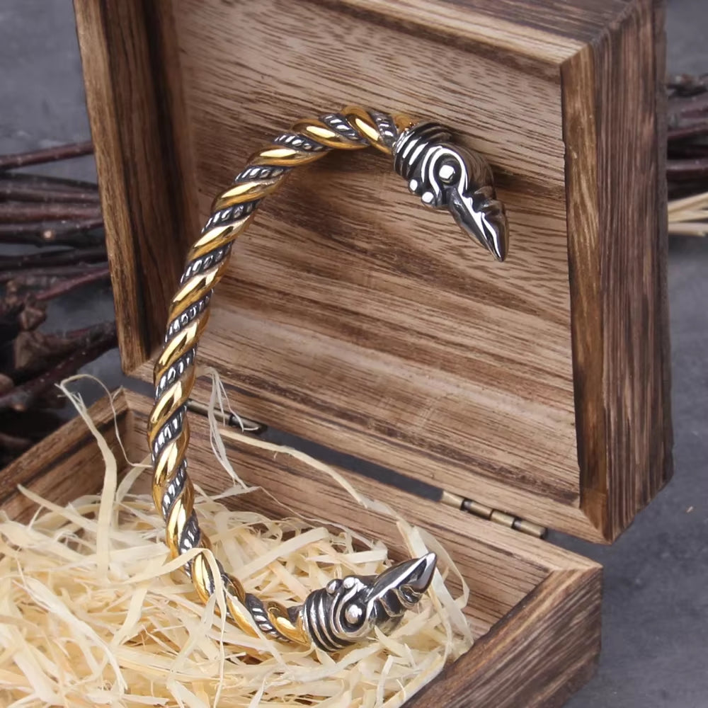 Stainless Steel Nordic Viking Norse Raven Bracelet Men Wristband Cuff Bracelets with Viking Wooden Box